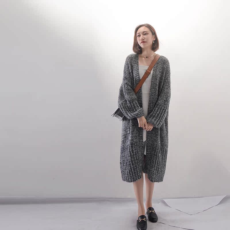 秋季黑色中长款针织外搭开衫女粗毛线宽松过膝chic韩版毛衣外套