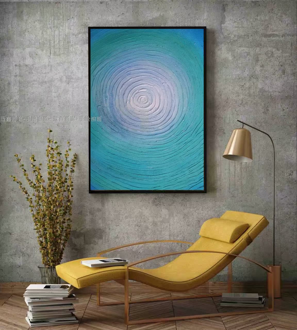 手绘丙烯画油画凹凸立体画天蓝色圆圈客厅玄关北欧装饰画抽象挂画
