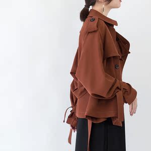 双排扣不规则领绑带风衣