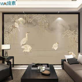 墙素 新中式花鸟山水风景电视背景墙壁画 客厅沙发墙高端软硬包