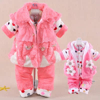 女童装0-1-2岁女宝宝秋冬装棉衣三件套套装婴