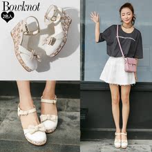 JAY新品vivi日系2穿甜美清新蝴蝶结搭扣花边浅口防水台坡跟凉鞋女