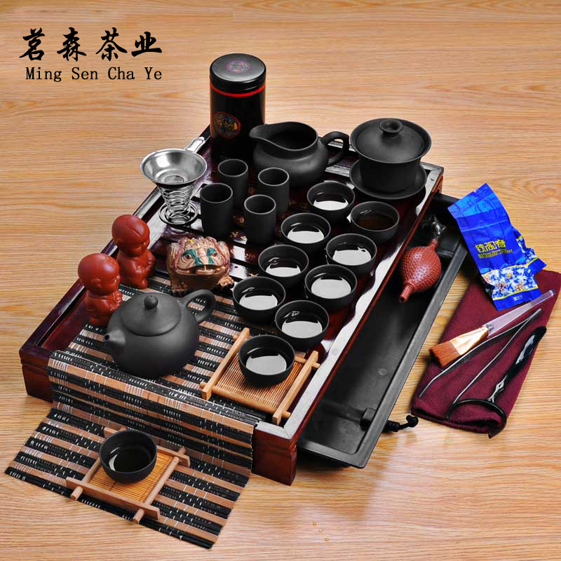 青花茶具套装紫砂茶具陶瓷功夫茶具整套实木茶盘茶海茶道冰裂