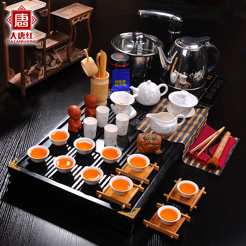 大唐红 紫砂功夫茶具套装 整套冰裂青花茶具四合一电磁炉实木茶盘