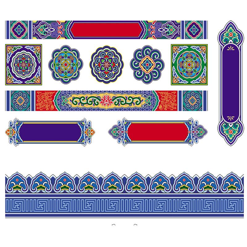 古代中式建筑横梁彩绘墙纸宫廷古典寺庙佛教廊柱天花传统花纹壁画