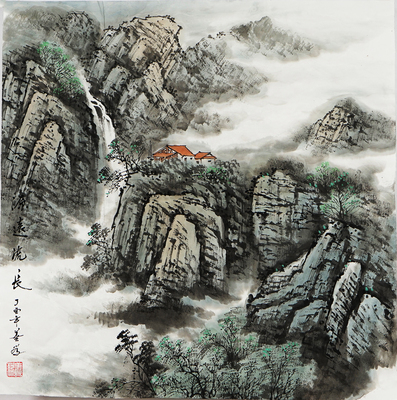 斗方山水画国画 源远流长 水墨画 善为手绘字画0011