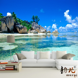 蓝天海滩风景沙发电视背景墙3d立体大型壁画5d大自然墙纸现代壁纸