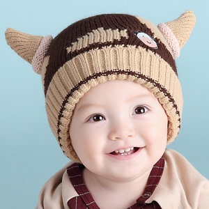 韩版婴幼儿纯棉帽子牛角卡通宝宝针织帽3-6-1
