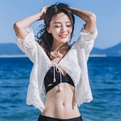 度假防晒开衫 泳衣外搭小披肩防晒衫 沙滩外套 白色镂空蕾丝外罩衫