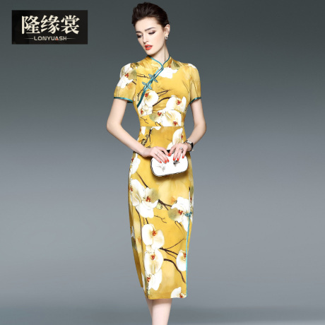 隆缘裳2017夏装新款女复古名媛旗袍裙修身显瘦印花真丝连衣裙3373商品大图