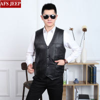颂姬新款秋冬加厚中年男士皮马甲背心中老年皮