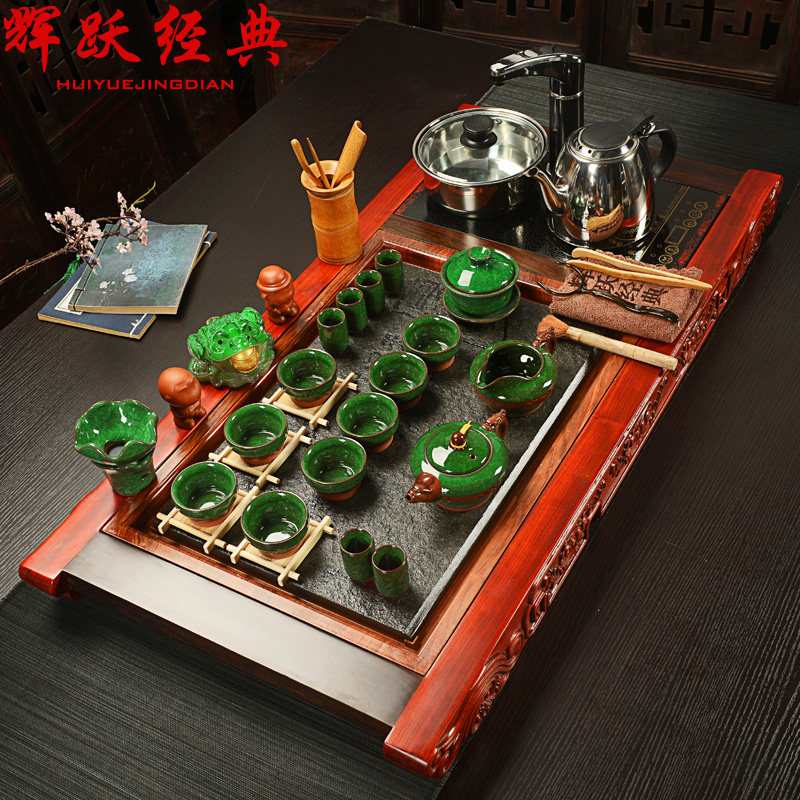 辉跃经典 茶具套装整套汝窑陶瓷功夫茶具乌金石实木茶盘电磁炉
