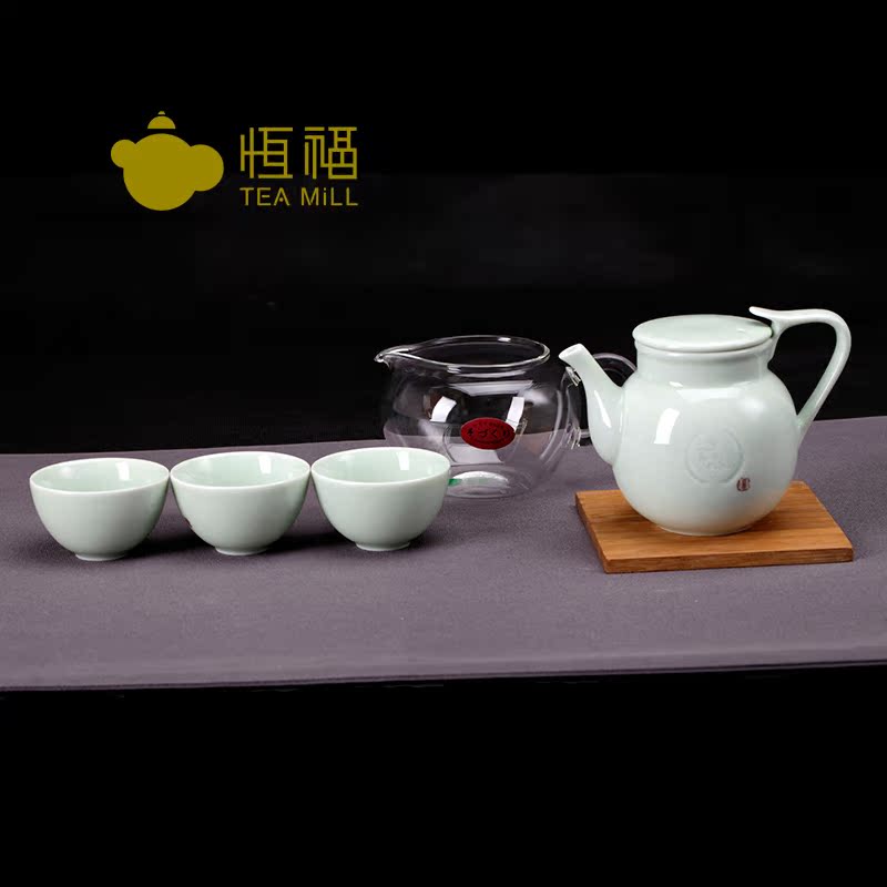 恒福正品功夫茶具 景德镇青瓷茶具整套套装 越窑古意日式茶壶半组