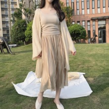 两件套 亮面中长款 女装 百褶半身裙 弹力吊带背心打底 春夏季韩版