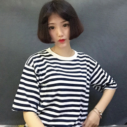 夏季T恤女装韩版百搭黑白条纹短袖显瘦上衣女打底衫半袖学生衣服