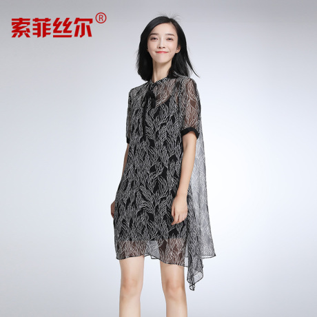 索菲丝尔真丝连衣裙女2017夏新款桑蚕丝高端宽松显瘦淑女碎花中裙商品大图