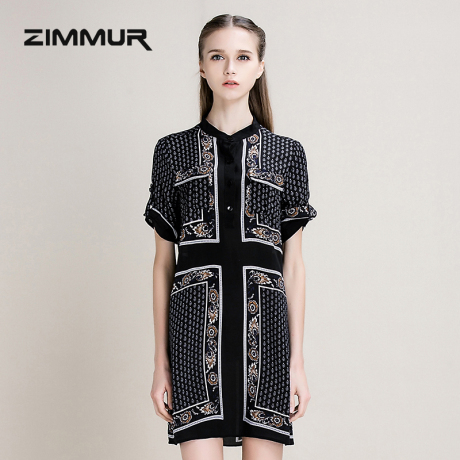 ZIMMUR2017夏季新款高定系列V领纽扣印花复古桑蚕丝真丝连衣裙女商品大图