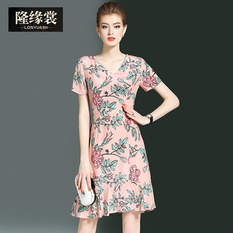 隆缘裳2017夏季新品桑蚕丝时尚女装修身荷叶摆真丝印花连衣裙5028商品大图