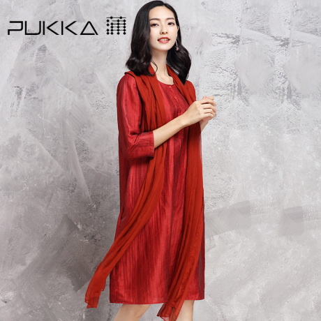 Pukka/蒲牌2017春夏装新款原创设计大码女装真丝拼肌理亚麻连衣裙商品大图