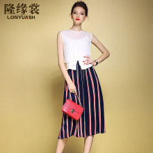 隆缘裳女装夏装2016新款欧美无袖真丝拼接条纹大摆修身连衣裙9165图片