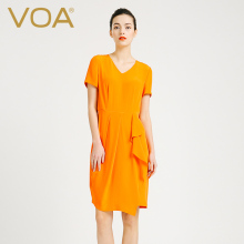 VOA 亮橙色短袖鸡心领中腰重磅真丝荷叶边信封连衣裙及膝A6800图片