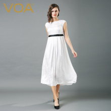 VOA象牙白提花真丝圆领包肩无袖黑边高腰百褶淑女连衣裙A6577图片