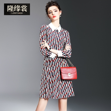隆缘裳2017春装新款女装时尚简约翻领长袖修身显瘦真丝连衣裙1611商品大图
