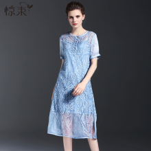 惊束夏季中长款连衣裙长裙刺绣新款女装复古修身大码宽松腰A字裙图片