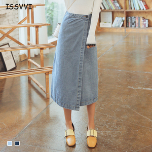 开叉裙摆高腰纽扣中长款牛仔裙