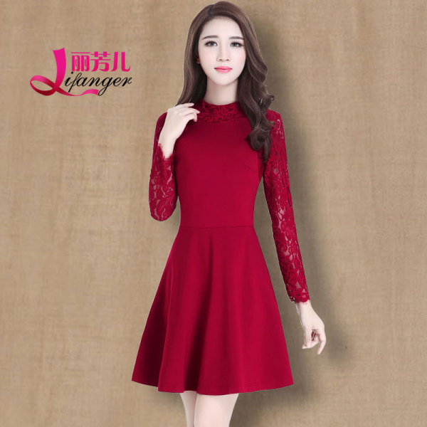 正品连衣裙 丽芳儿2015秋天新款 显瘦蕾丝长袖