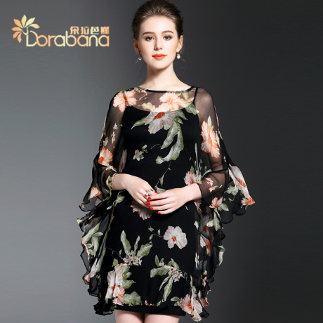 Dorabana/朵拉芭娜2017新款春装女装真丝印花荷叶边两件套连衣裙商品大图