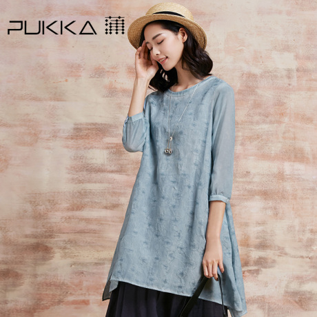 Pukka/蒲牌真丝棉麻连衣裙春夏装新款原创设计大码女装拼接商品大图