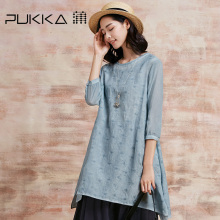 Pukka/蒲牌真丝棉麻连衣裙春夏装新款原创设计大码女装拼接图片