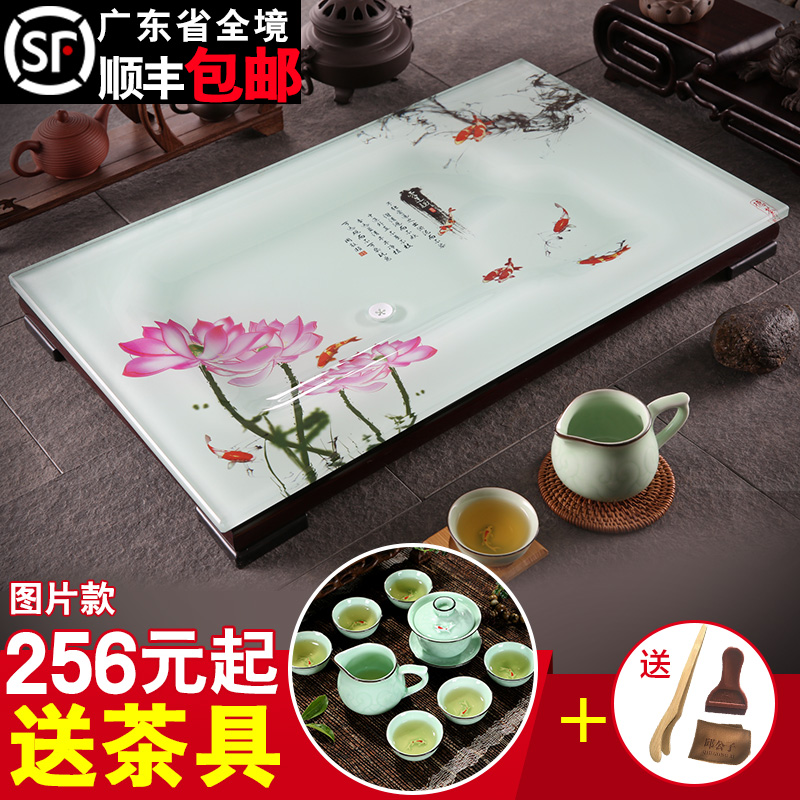 邱公子家用办公室功夫茶具长方形钢化玻璃排水式茶盘托盘茶台茶海