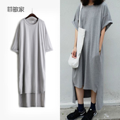 T裙 超长长款 女装 欧美街拍自制T恤连衣裙套头夏前短后长宽松大码
