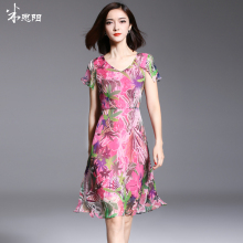 米思阳芳思印花连衣裙2016夏季新款修身短袖小V领真丝连衣裙女装图片