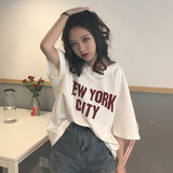 夏装女装韩版原宿风V领简约字母印花宽松短袖T恤中长款学生上衣潮