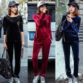春秋装新款韩版潮卫衣时尚休闲金丝绒运动服套装两件套大码女款P
