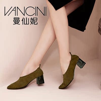 vancini/曼仙妮 女单鞋2016新款尖头高跟女鞋黑色工作粗跟中跟鞋