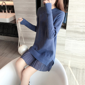 加厚长款毛衣拼接雪纺荷叶边针织连衣裙