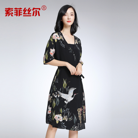 索菲丝尔2017夏装新款真丝印花连衣裙显瘦时尚中长款桑蚕丝裙子商品大图