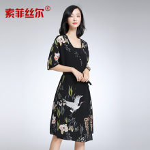 索菲丝尔2017夏装新款真丝印花连衣裙显瘦时尚中长款桑蚕丝裙子图片