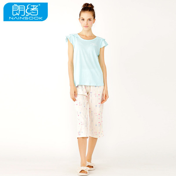 正品<em>女</em>睡衣 朗绪新款 <em>短裤</em> 针织<em>棉家居</em>服套装 睡