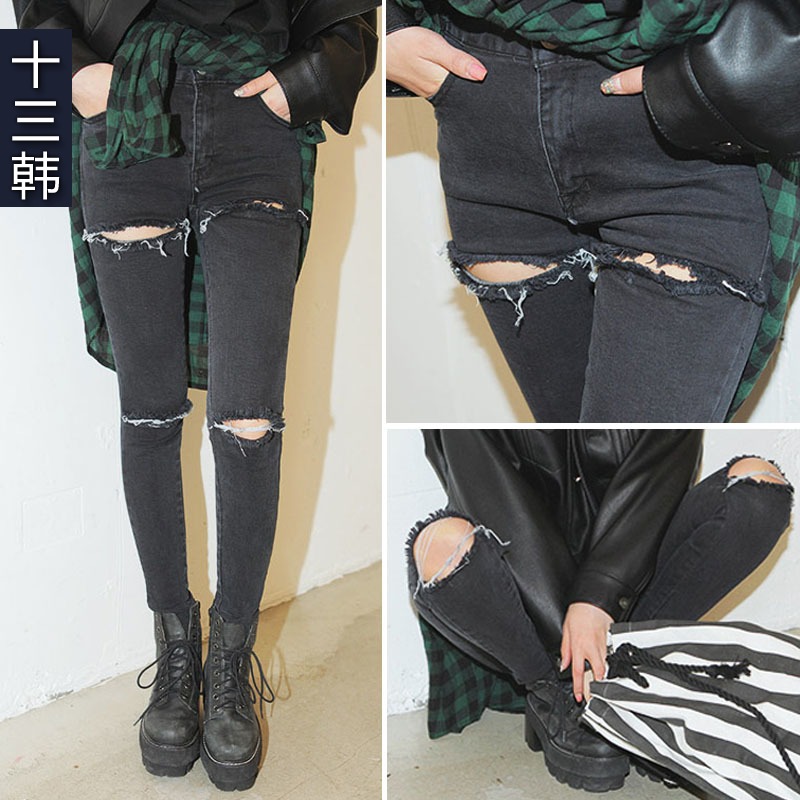 十三韩 秋季新品牛仔裤割烂紧身裤显瘦膝盖破洞牛仔裤 女 小脚裤