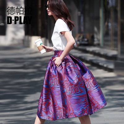 d-play2015秋 欧美独家印花复古高腰大摆裙显瘦公主裙中长款伞裙
