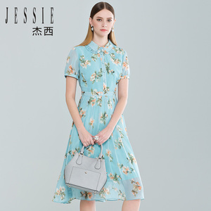 jessie杰西女装2016春夏熟女复古印花雪纺娃娃领连衣裙jxdscl33