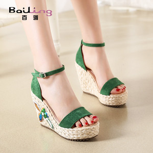 一字带刺绣编织坡跟凉鞋