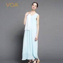 VOA 丝绸蓝真丝顺纡鸡心领无袖白乔其堑壕塔克线A字连身长裙A6985图片