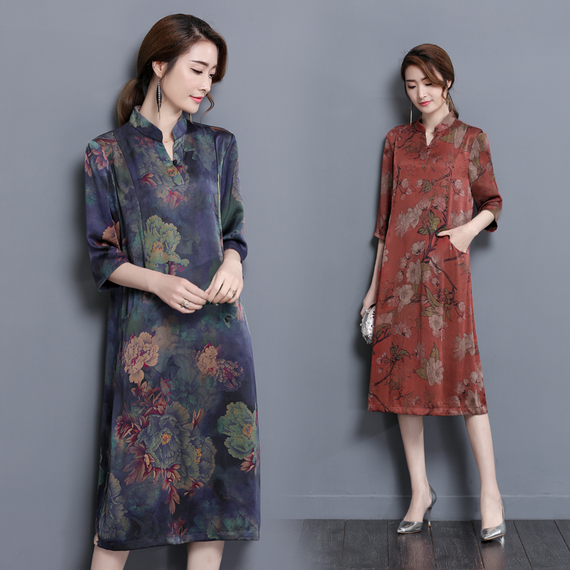 大码女装2017夏新品中老年妈妈装真丝香云纱中长款v领蚕丝连衣裙价格