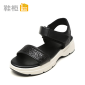 亮面一字带凉鞋 柜2016夏季新款 平底魔术贴中跟女鞋 时尚 shoebox鞋